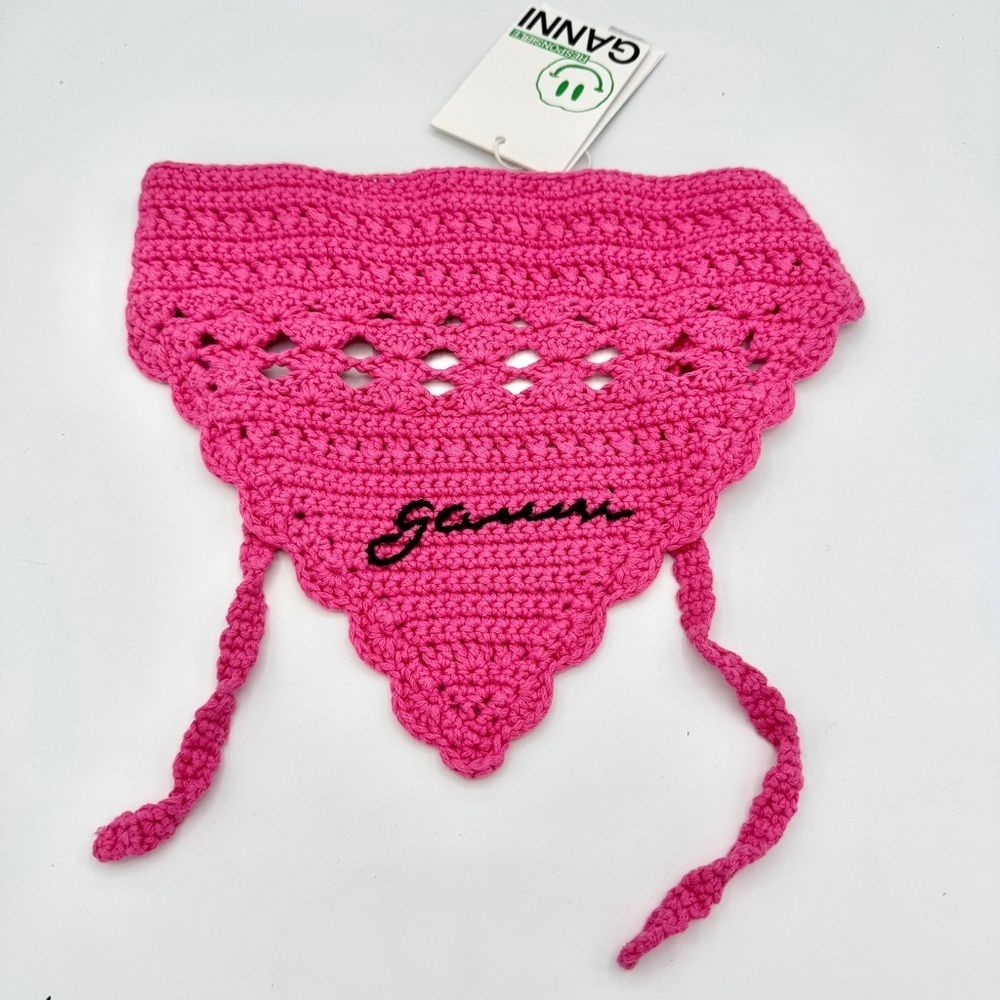 NWT Ganni Pink Crochet Knit Bandana Shocking Pink Logo Brand New
